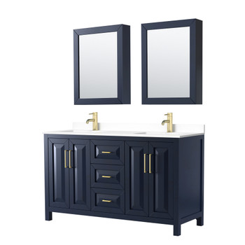 Daria 60 Inch Double Bathroom Vanity In Dark Blue, White Cultured Marble Countertop, Undermount Square Sinks, Medicine Cabinets