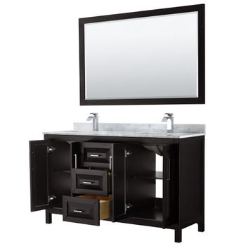 Daria 60 Inch Double Bathroom Vanity In Dark Espresso, White Carrara Marble Countertop, Undermount Square Sinks, And 58 Inch Mirror