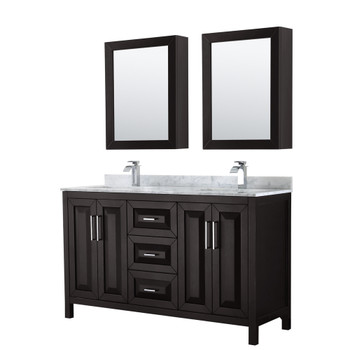 Daria 60 Inch Double Bathroom Vanity In Dark Espresso, White Carrara Marble Countertop, Undermount Square Sinks, And Medicine Cabinets