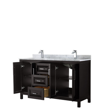 Daria 60 Inch Double Bathroom Vanity In Dark Espresso, White Carrara Marble Countertop, Undermount Square Sinks, And No Mirror