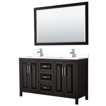 Daria 60 Inch Double Bathroom Vanity In Dark Espresso, White Cultured Marble Countertop, Undermount Square Sinks, 58 Inch Mirror