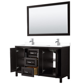 Daria 60 Inch Double Bathroom Vanity In Dark Espresso, White Cultured Marble Countertop, Undermount Square Sinks, 58 Inch Mirror