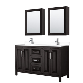 Daria 60 Inch Double Bathroom Vanity In Dark Espresso, White Cultured Marble Countertop, Undermount Square Sinks, Medicine Cabinets