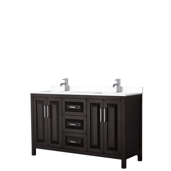 Daria 60 Inch Double Bathroom Vanity In Dark Espresso, White Cultured Marble Countertop, Undermount Square Sinks, No Mirror