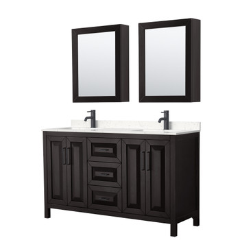 Daria 60 Inch Double Bathroom Vanity In Dark Espresso, Carrara Cultured Marble Countertop, Undermount Square Sinks, Matte Black Trim, Medicine Cabinets