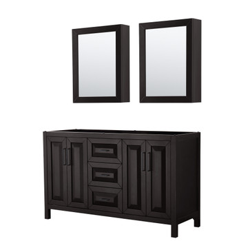 Daria 60 Inch Double Bathroom Vanity In Dark Espresso, No Countertop, No Sink, Matte Black Trim, Medicine Cabinets