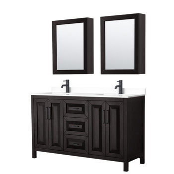 Daria 60 Inch Double Bathroom Vanity In Dark Espresso, White Cultured Marble Countertop, Undermount Square Sinks, Matte Black Trim, Medicine Cabinets