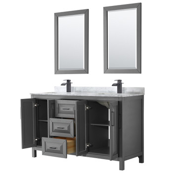 Daria 60 Inch Double Bathroom Vanity In Dark Gray, White Carrara Marble Countertop, Undermount Square Sinks, Matte Black Trim, 24 Inch Mirrors