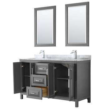 Daria 60 Inch Double Bathroom Vanity In Dark Gray, White Carrara Marble Countertop, Undermount Square Sinks, And 24 Inch Mirrors