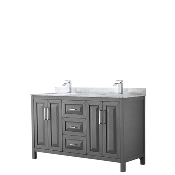 Daria 60 Inch Double Bathroom Vanity In Dark Gray, White Carrara Marble Countertop, Undermount Square Sinks, And No Mirror