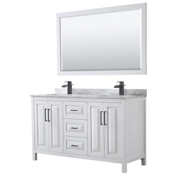 Daria 60 Inch Double Bathroom Vanity In White, White Carrara Marble Countertop, Undermount Square Sinks, Matte Black Trim, 58 Inch Mirror