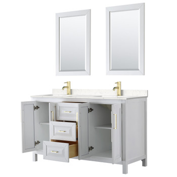 Daria 60 Inch Double Bathroom Vanity In White, Carrara Cultured Marble Countertop, Undermount Square Sinks, 24 Inch Mirrors, Brushed Gold Trim