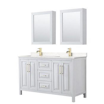 Daria 60 Inch Double Bathroom Vanity In White, Carrara Cultured Marble Countertop, Undermount Square Sinks, Medicine Cabinets, Brushed Gold Trim