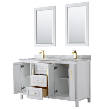 Daria 60 Inch Double Bathroom Vanity In White, White Carrara Marble Countertop, Undermount Square Sinks, 24 Inch Mirrors, Brushed Gold Trim