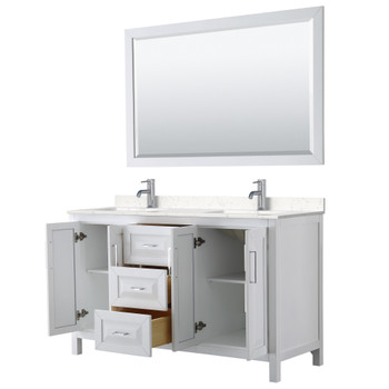 Daria 60 Inch Double Bathroom Vanity In White, Carrara Cultured Marble Countertop, Undermount Square Sinks, 58 Inch Mirror