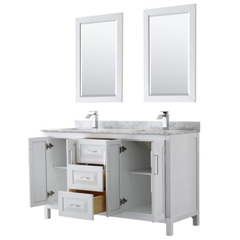 Daria 60 Inch Double Bathroom Vanity In White, White Carrara Marble Countertop, Undermount Square Sinks, And 24 Inch Mirrors