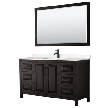 Daria 60 Inch Single Bathroom Vanity In Dark Espresso, Carrara Cultured Marble Countertop, Undermount Square Sink, Matte Black Trim, 58 Inch Mirror