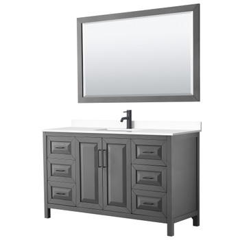 Daria 60 Inch Single Bathroom Vanity In Dark Gray, White Cultured Marble Countertop, Undermount Square Sink, Matte Black Trim, 58 Inch Mirror