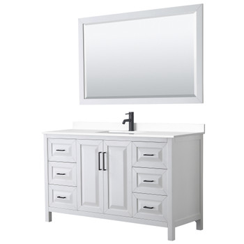 Daria 60 Inch Single Bathroom Vanity In White, White Cultured Marble Countertop, Undermount Square Sink, Matte Black Trim, 58 Inch Mirror