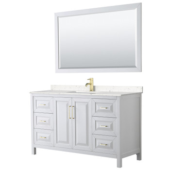 Daria 60 Inch Single Bathroom Vanity In White, Carrara Cultured Marble Countertop, Undermount Square Sink, 58 Inch Mirror, Brushed Gold Trim