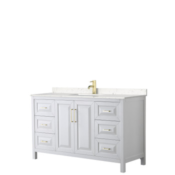 Daria 60 Inch Single Bathroom Vanity In White, Carrara Cultured Marble Countertop, Undermount Square Sink, Brushed Gold Trim