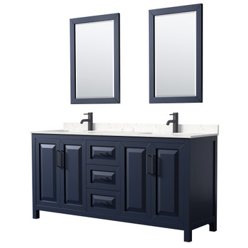 Daria 72 Inch Double Bathroom Vanity In Dark Blue, Carrara Cultured Marble Countertop, Undermount Square Sinks, Matte Black Trim, 24 Inch Mirrors