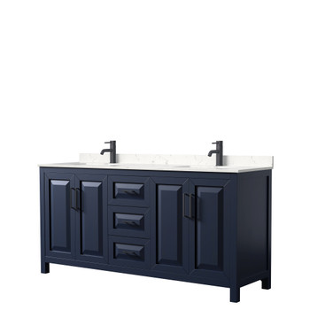 Daria 72 Inch Double Bathroom Vanity In Dark Blue, Carrara Cultured Marble Countertop, Undermount Square Sinks, Matte Black Trim