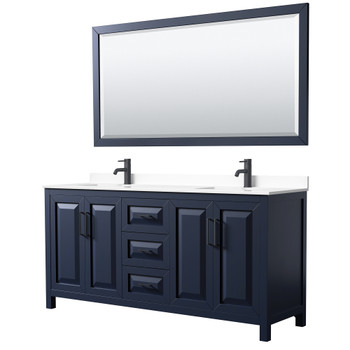 Daria 72 Inch Double Bathroom Vanity In Dark Blue, White Cultured Marble Countertop, Undermount Square Sinks, Matte Black Trim, 70 Inch Mirror