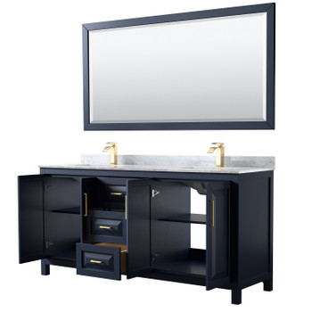 Daria 72 Inch Double Bathroom Vanity In Dark Blue, White Carrara Marble Countertop, Undermount Square Sinks, 70 Inch Mirror