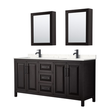 Daria 72 Inch Double Bathroom Vanity In Dark Espresso, Carrara Cultured Marble Countertop, Undermount Square Sinks, Matte Black Trim, Medicine Cabinets