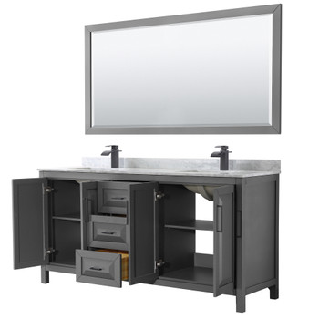 Daria 72 Inch Double Bathroom Vanity In Dark Gray, White Carrara Marble Countertop, Undermount Square Sinks, Matte Black Trim, 70 Inch Mirror