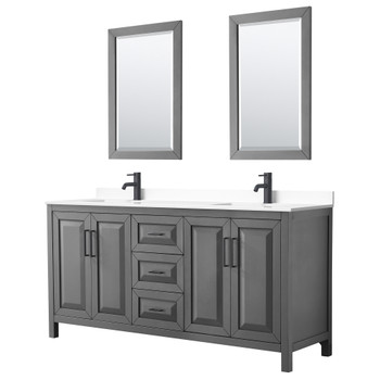 Daria 72 Inch Double Bathroom Vanity In Dark Gray, White Cultured Marble Countertop, Undermount Square Sinks, Matte Black Trim, 24 Inch Mirrors