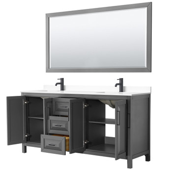 Daria 72 Inch Double Bathroom Vanity In Dark Gray, White Cultured Marble Countertop, Undermount Square Sinks, Matte Black Trim, 70 Inch Mirror