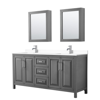 Daria 72 Inch Double Bathroom Vanity In Dark Gray, White Cultured Marble Countertop, Undermount Square Sinks, Medicine Cabinets