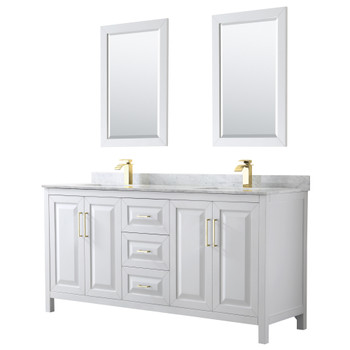 Daria 72 Inch Double Bathroom Vanity In White, White Carrara Marble Countertop, Undermount Square Sinks, 24 Inch Mirrors, Brushed Gold Trim
