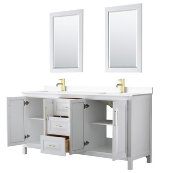 Daria 72 Inch Double Bathroom Vanity In White, White Cultured Marble Countertop, Undermount Square Sinks, 24 Inch Mirrors, Brushed Gold Trim