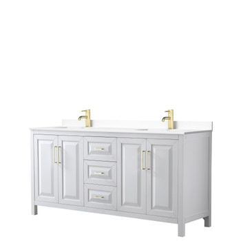 Daria 72 Inch Double Bathroom Vanity In White, White Cultured Marble Countertop, Undermount Square Sinks, Brushed Gold Trim