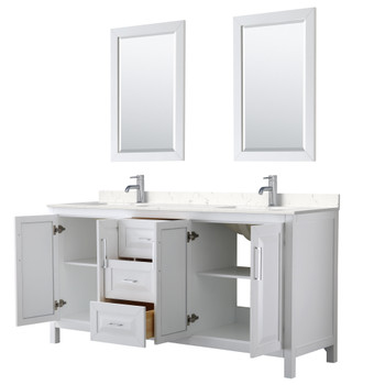 Daria 72 Inch Double Bathroom Vanity In White, Carrara Cultured Marble Countertop, Undermount Square Sinks, 24 Inch Mirrors