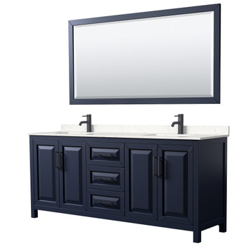 Daria 80 Inch Double Bathroom Vanity In Dark Blue, Carrara Cultured Marble Countertop, Undermount Square Sinks, Matte Black Trim, 70 Inch Mirror