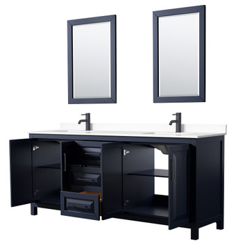 Daria 80 Inch Double Bathroom Vanity In Dark Blue, White Cultured Marble Countertop, Undermount Square Sinks, Matte Black Trim, 24 Inch Mirrors