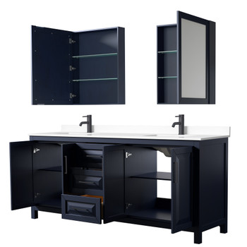 Daria 80 Inch Double Bathroom Vanity In Dark Blue, White Cultured Marble Countertop, Undermount Square Sinks, Matte Black Trim, Medicine Cabinets