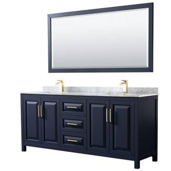 Daria 80 Inch Double Bathroom Vanity In Dark Blue, White Carrara Marble Countertop, Undermount Square Sinks, 70 Inch Mirror