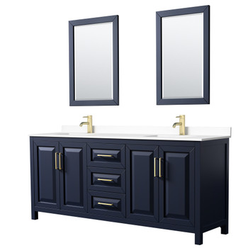Daria 80 Inch Double Bathroom Vanity In Dark Blue, White Cultured Marble Countertop, Undermount Square Sinks, 24 Inch Mirrors
