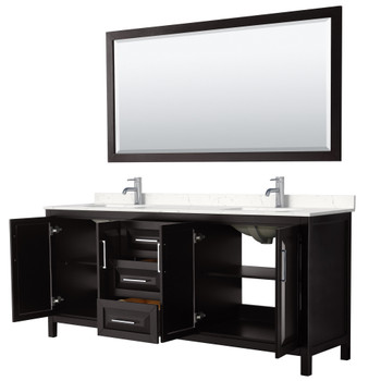 Daria 80 Inch Double Bathroom Vanity In Dark Espresso, Carrara Cultured Marble Countertop, Undermount Square Sinks, 70 Inch Mirror