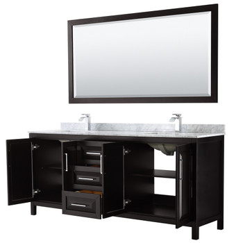 Daria 80 Inch Double Bathroom Vanity In Dark Espresso, White Carrara Marble Countertop, Undermount Square Sinks, And 70 Inch Mirror