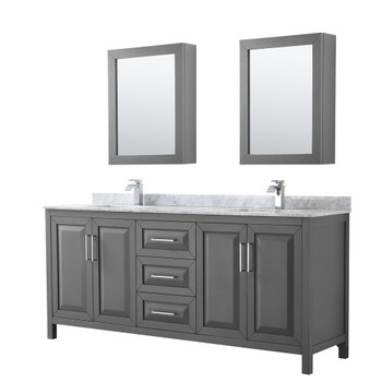 Daria 80 Inch Double Bathroom Vanity In Dark Gray, White Carrara Marble Countertop, Undermount Square Sinks, And Medicine Cabinets