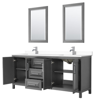Daria 80 Inch Double Bathroom Vanity In Dark Gray, White Cultured Marble Countertop, Undermount Square Sinks, 24 Inch Mirrors