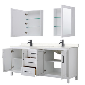 Daria 80 Inch Double Bathroom Vanity In White, Carrara Cultured Marble Countertop, Undermount Square Sinks, Matte Black Trim, Medicine Cabinets