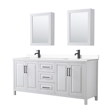 Daria 80 Inch Double Bathroom Vanity In White, White Cultured Marble Countertop, Undermount Square Sinks, Matte Black Trim, Medicine Cabinets