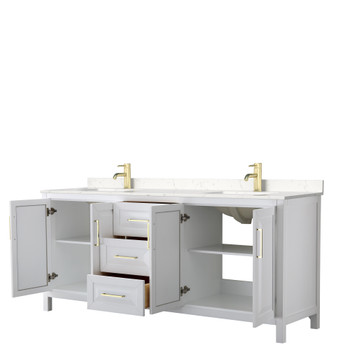 Daria 80 Inch Double Bathroom Vanity In White, Carrara Cultured Marble Countertop, Undermount Square Sinks, Brushed Gold Trim
